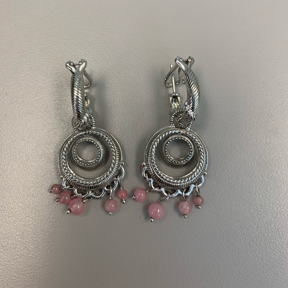 Judith Ripka SS and rose quartz earrings - omega backs